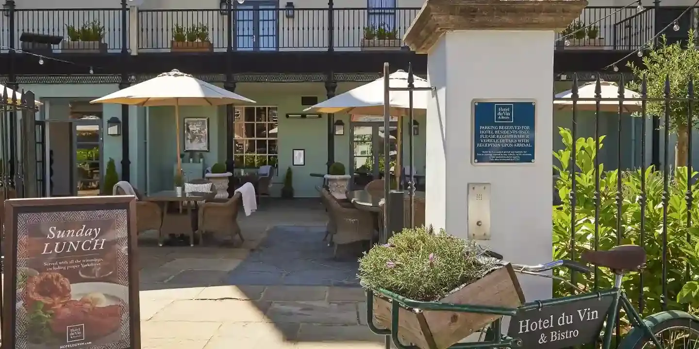 Bicycle parked outside a restaurant