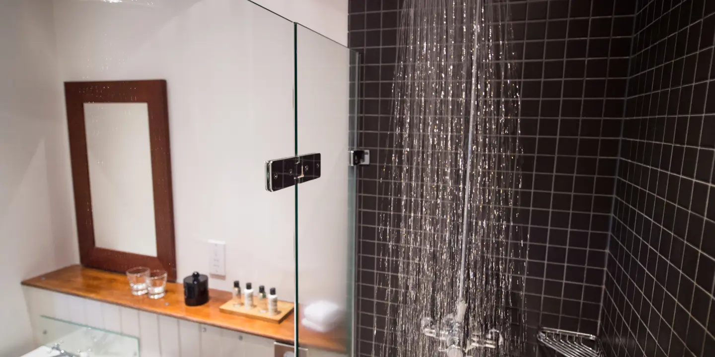 Shower head and sink in a bathroom.