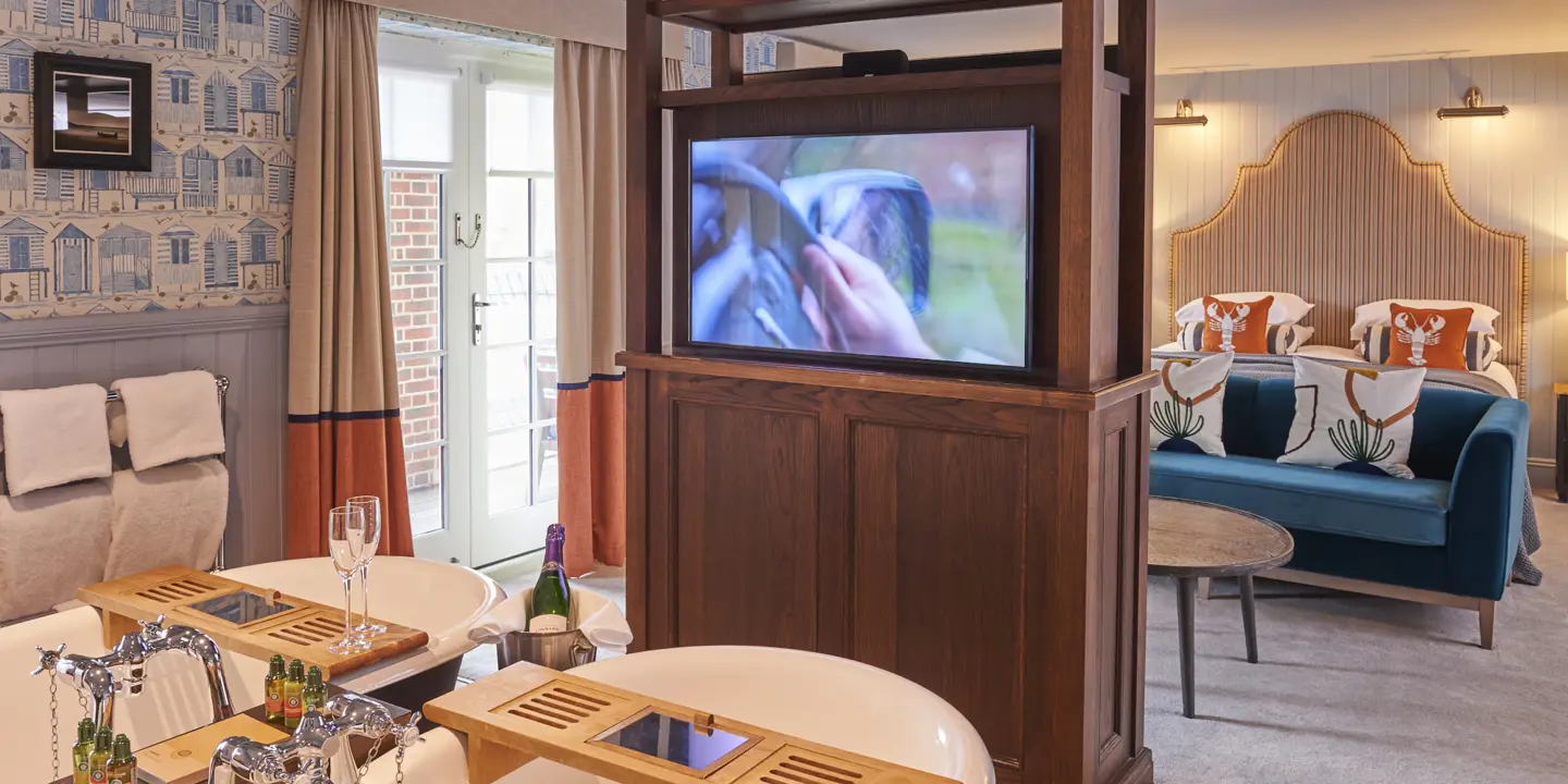 Bathroom featuring a television and bathtub