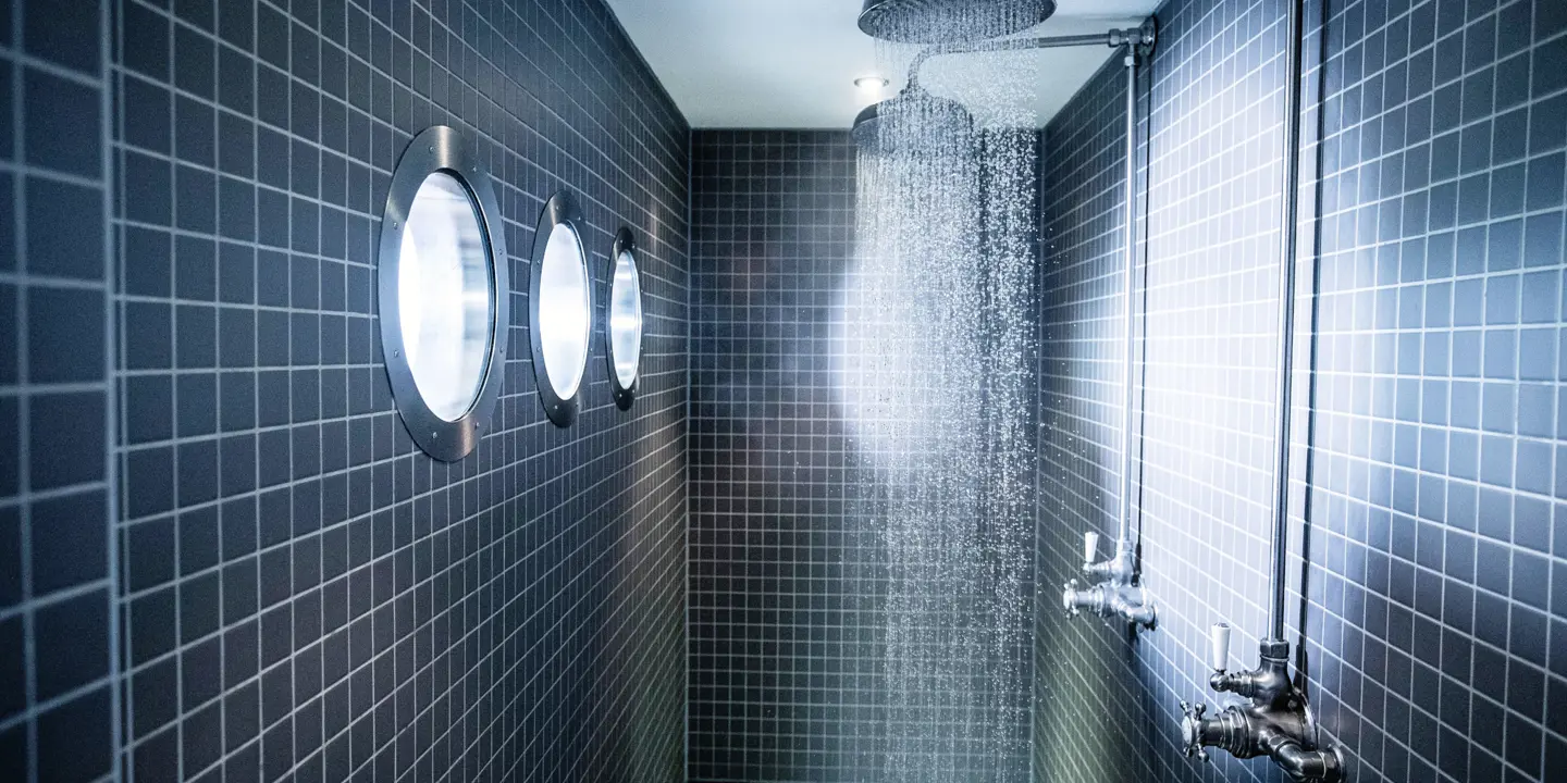 Shower head in a tiled bathroom beside a window.