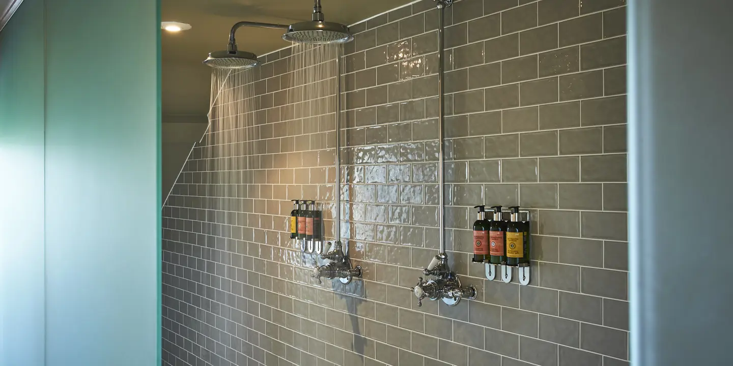 Bathroom featuring a showerhead and a sleek glass door.