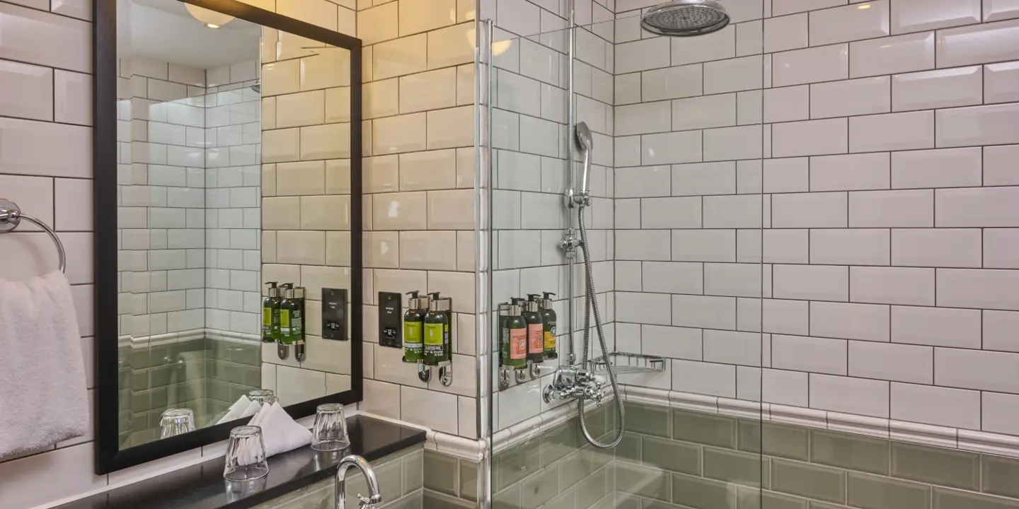 Bathroom featuring a sink, mirror, and shower.