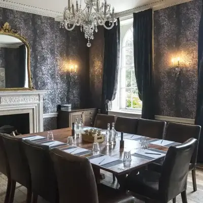 A dark themed Meeting room with an assorted table and chairs